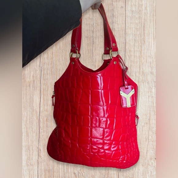 Vintage YSL Yves Saint Laurent Red Crocodile Patent Leather Tribute Tote Bag - Picture 7 of 9
